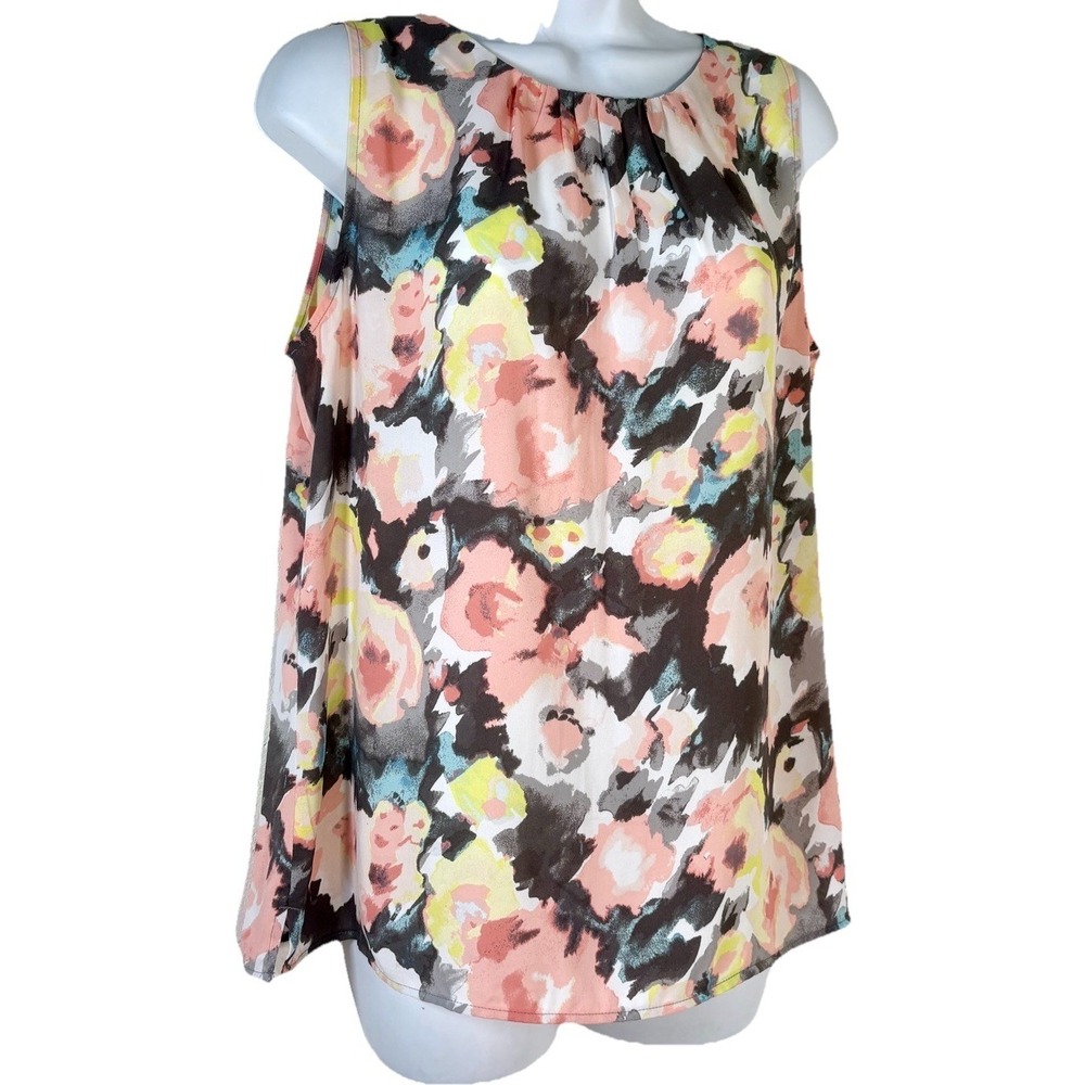 Loft sleeveless blouse M Watercolor Floral Top Pleat Detail Sheer Boho Chic Laye